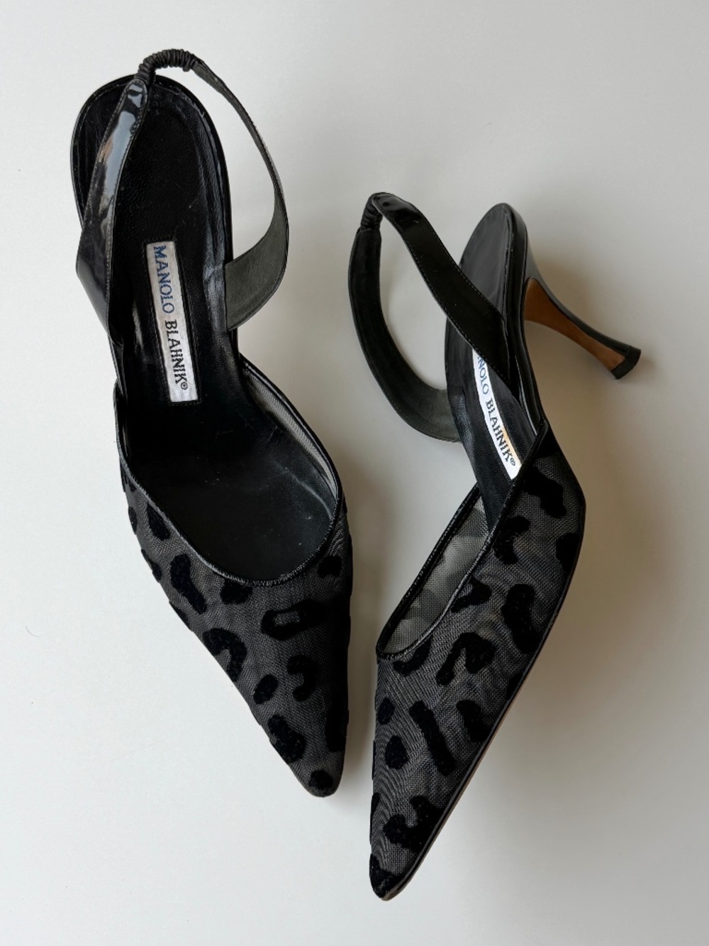 Vintage Manolo Blahnik black leopard mesh slingback, IT 39, approx. US 8.5–9